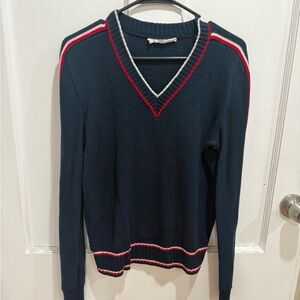 Vintage Navy V-Neck Sweater with Red and White Accents